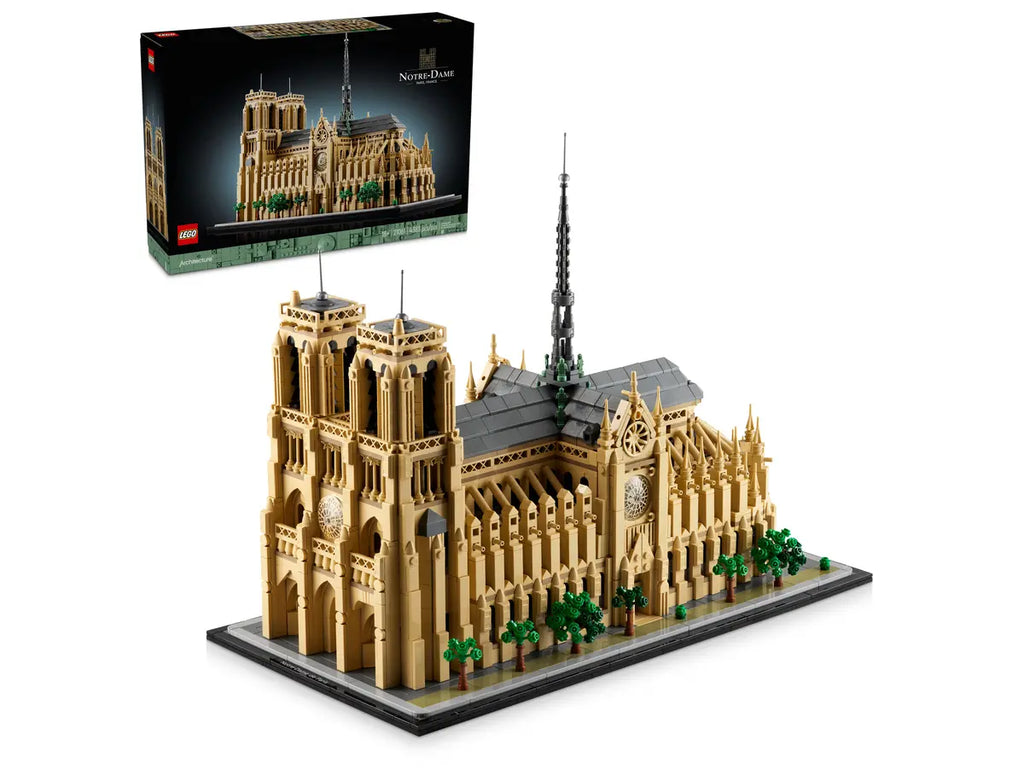 LEGO architectuurset Notre-Dame van Parijs 21061 met gedetailleerde weergave van de iconische torens en gotische architectuur van de beroemde Parijse kathedraal