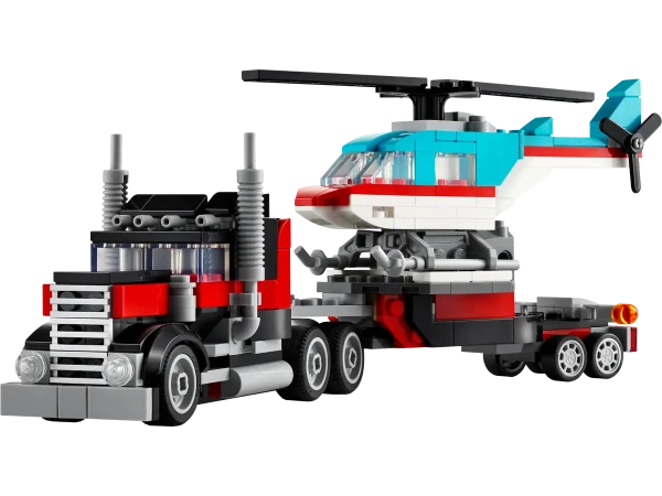 LEGO Flatbed Truck with Helicopter 31146 - Gedetailleerd model van een vrachtwagen met vlakke laadvloer en een helikopter, met functionele onderdelen en realistische kenmerken voor spannende avonturen