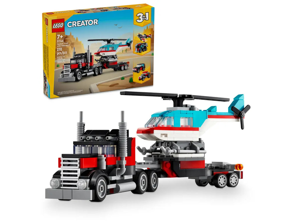 LEGO Flatbed Truck with Helicopter 31146 - Gedetailleerd model van een vrachtwagen met vlakke laadvloer en een helikopter, met functionele onderdelen en realistische kenmerken voor spannende avonturen