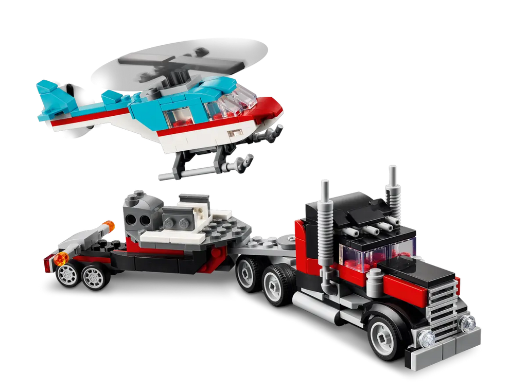 LEGO Flatbed Truck with Helicopter 31146 - Gedetailleerd model van een vrachtwagen met vlakke laadvloer en een helikopter, met functionele onderdelen en realistische kenmerken voor spannende avonturen