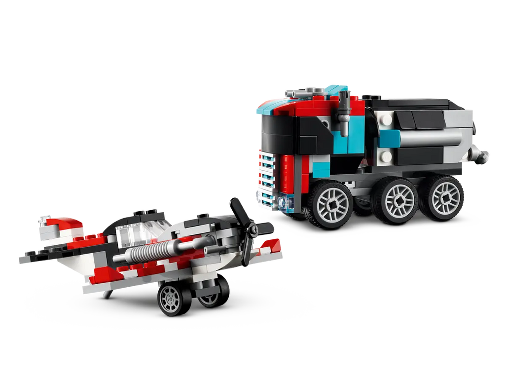 LEGO Flatbed Truck with Helicopter 31146 - Gedetailleerd model van een vrachtwagen met vlakke laadvloer en een helikopter, met functionele onderdelen en realistische kenmerken voor spannende avonturen