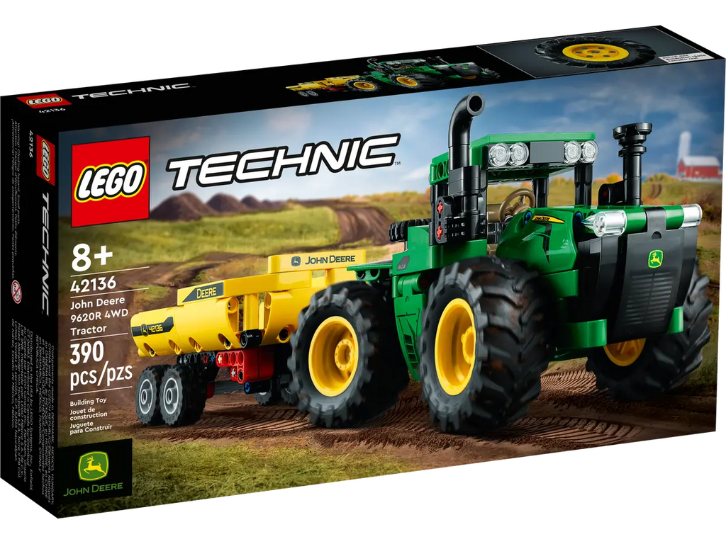 LEGO John Deere 9620R 4WD 42136 - Gedetailleerd model van de John Deere 9620R 4WD trekker met realistische bouwstenen en functionele onderdelen voor landbouwactiviteiten