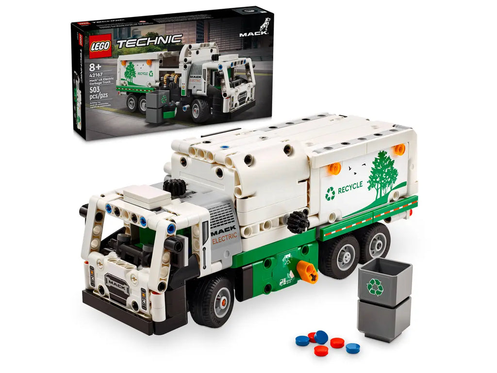 LEGO Mack® LR Electric Garbage Truck 42167 - Gedetailleerd model van de Mack® LR elektrische vuilniswagen met functionele onderdelen en realistische kenmerken voor stadsbeheer